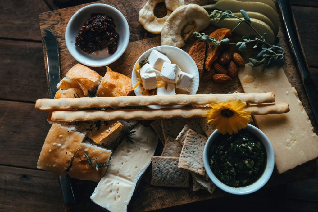 Sustainable Valentines Day feast of cheese and bread board