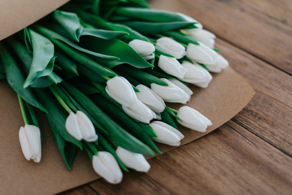 Bouquet of tulips laying on its side